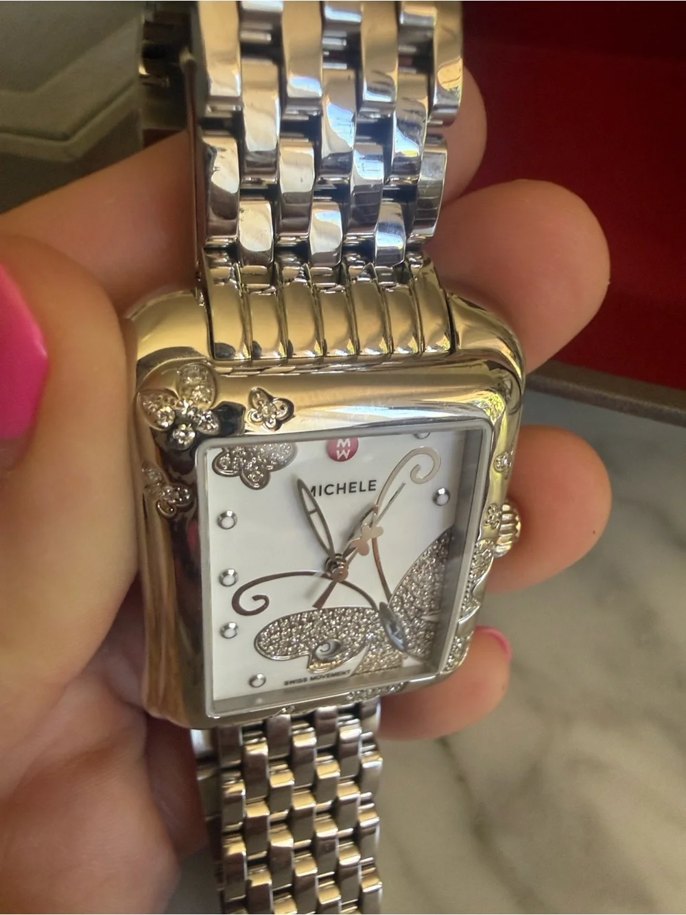 Michele Silver Stainless Steel Butterfly Diamond Accent Watch - White Dial